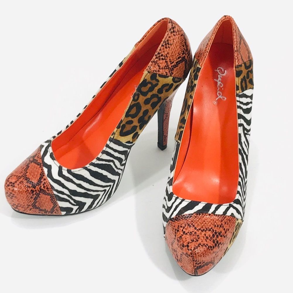 Qupid Animal Print High Heels, Orange, White, 6